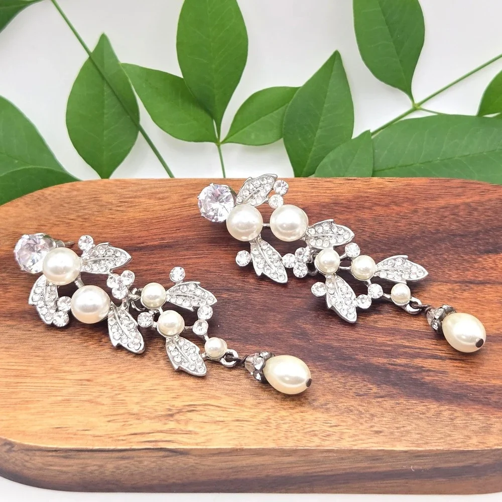 Silver Tone Faux Pearl Rhinestone Leaf Vine Chandelier Drop Statement Earrings